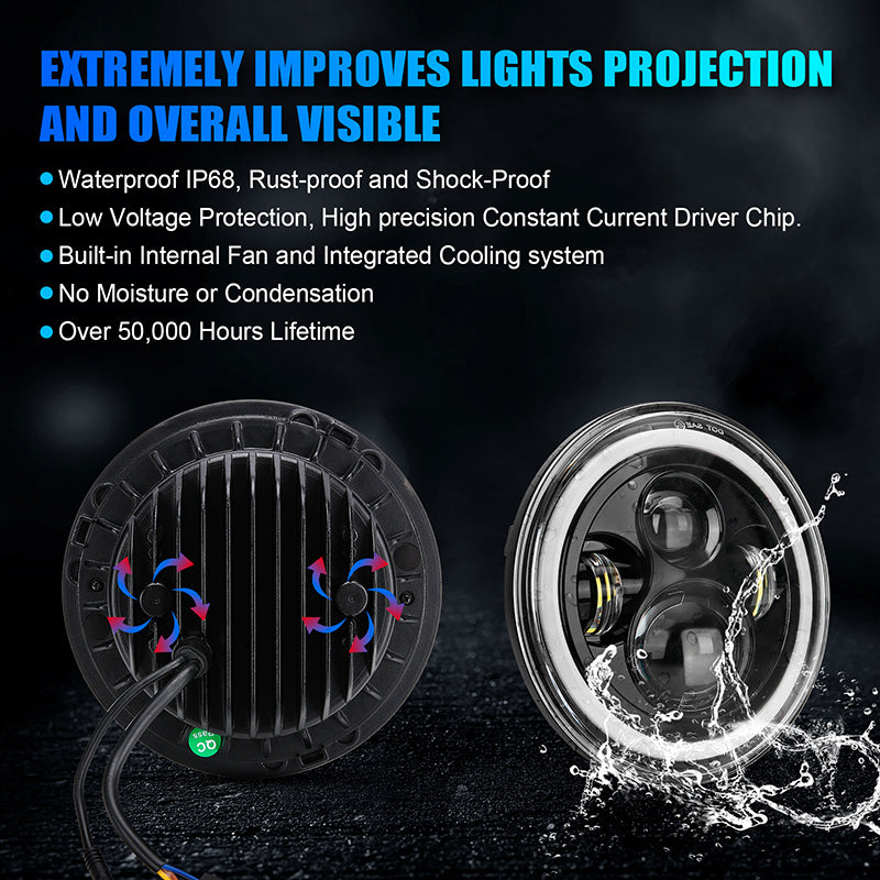 7" LED Headlights with RGB Halo Angel Eye App Or Remote Control for 1997+ Jeep Wrangler