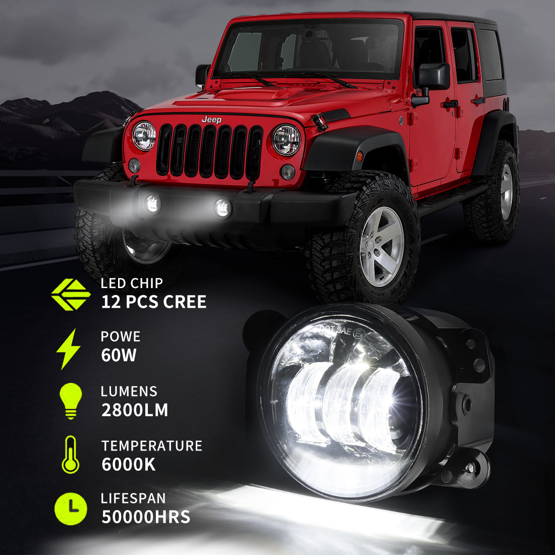 Crawlertec 4 inch 30W Cree Power Fog Lamps For Jeep Wrangler & Offroad