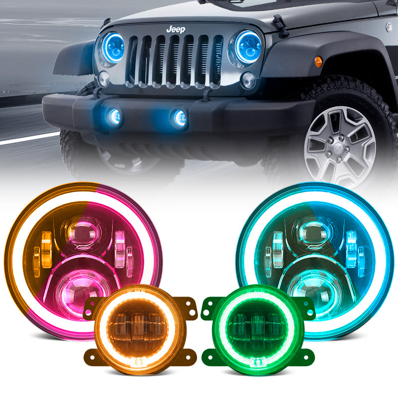 LED RGB Headlights with Halo DRL and Fog Light Kit For Jeep Wrangler