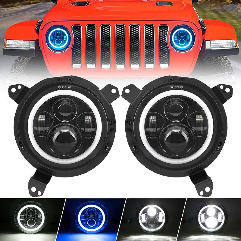 Jeep Wrangler JL JT LED Headlights with Blue Halo + Brackets