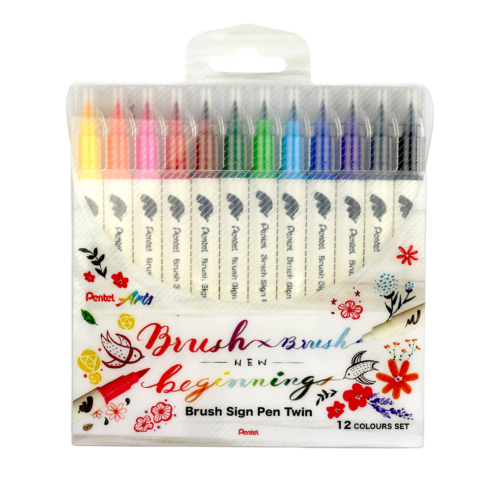 Pentel Sign Pen Brush Tip Set, 12-Colors