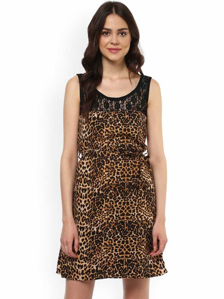Women's Leopard Print Lacy Sleeveless Dress With Round Neck