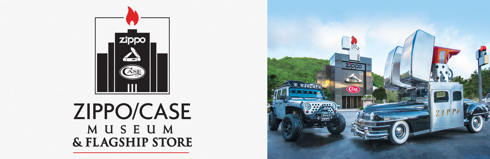 Zippo/Case Museum logo with image of the Zippo Jeep and Zippo Car.