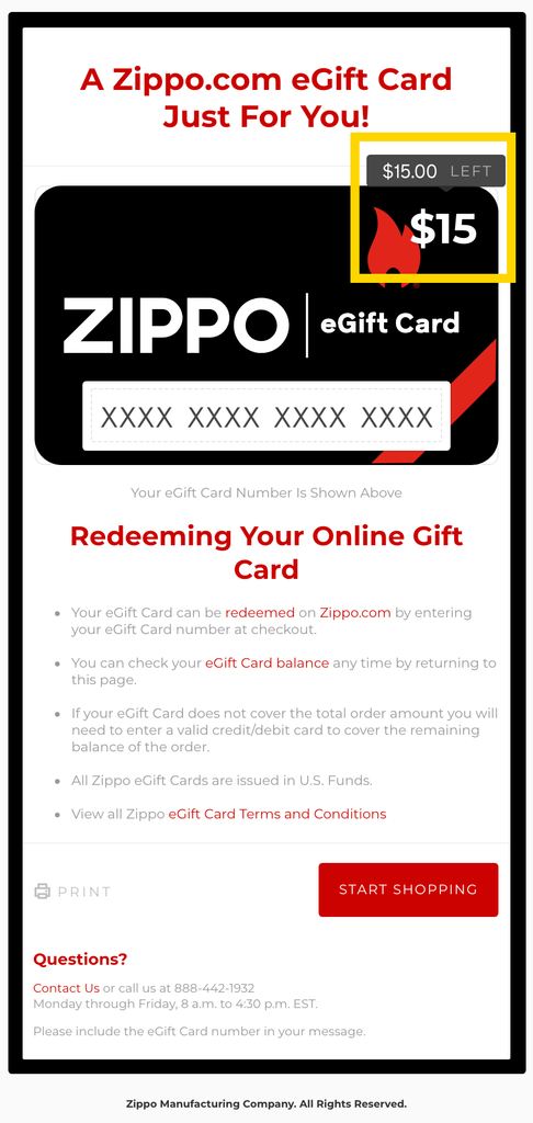 Screenshot of a Zippo eGift Card showing a balance of $15.00.