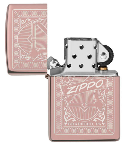 Reimagine Zippo High Polish Rose Gold Windproof Lighter with its lid open and unlit