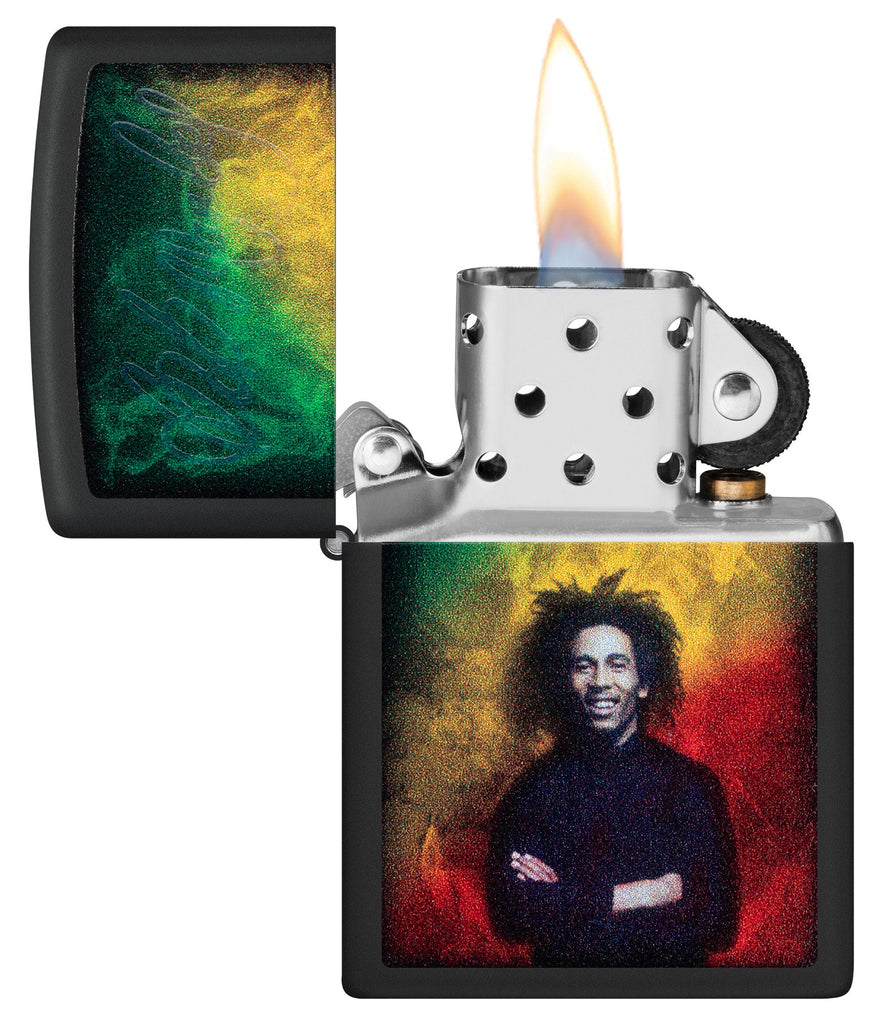 Zippo Black Light Bob Marley Design Black Matte Windproof Lighter with its lid open and lit.