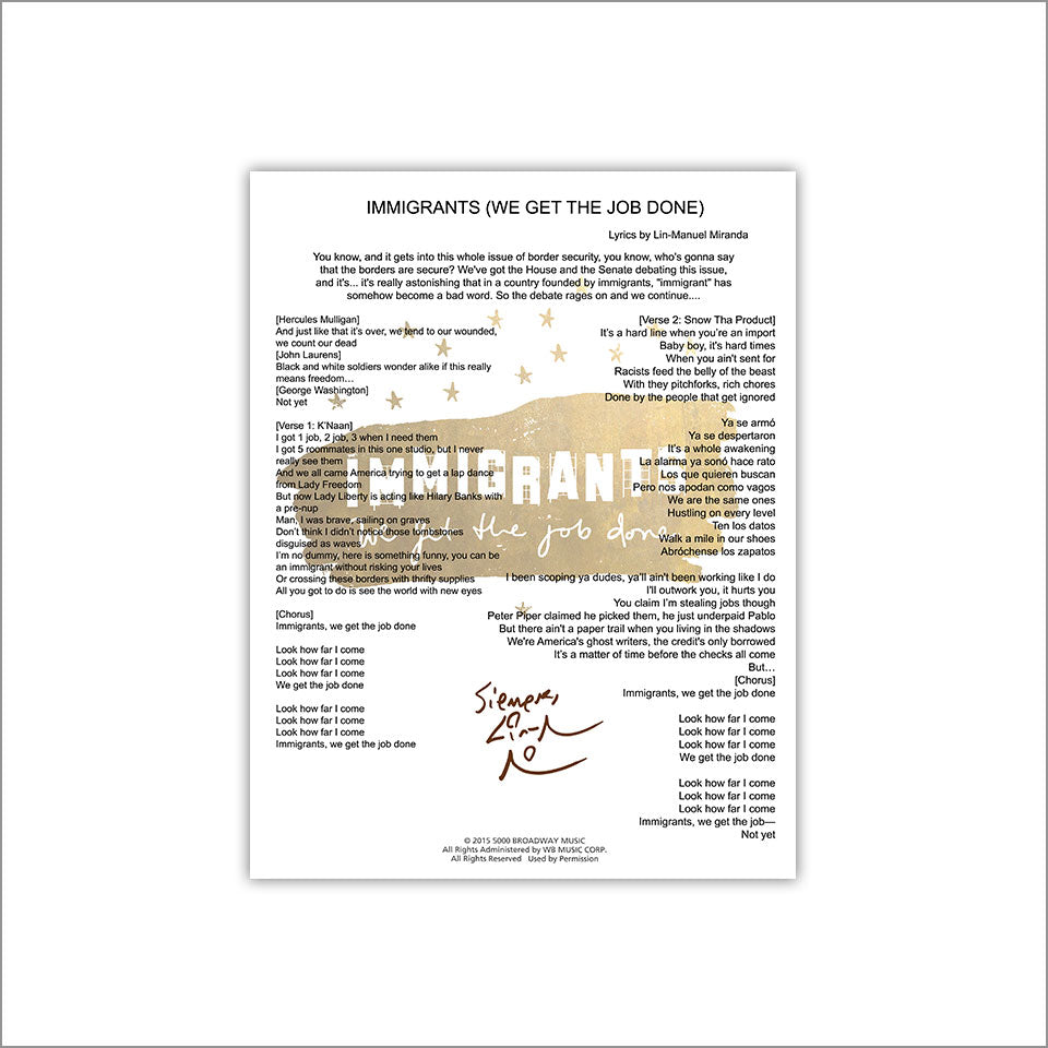 Hamilton "Immigrants We Get the Job Done" 8X10 Music Sheet