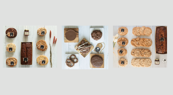 Multiple gift options featuring goodies such as chocolate, baked goods and cookies on a white background.