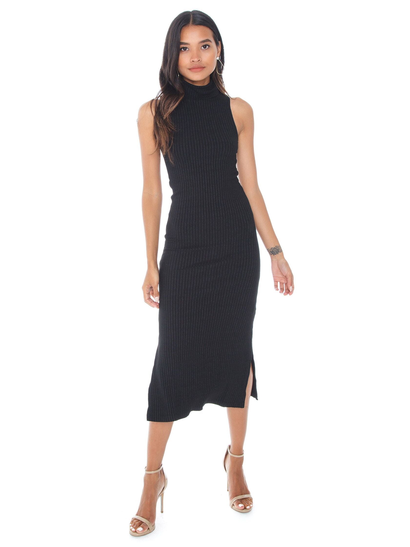 black sleeveless turtleneck dress