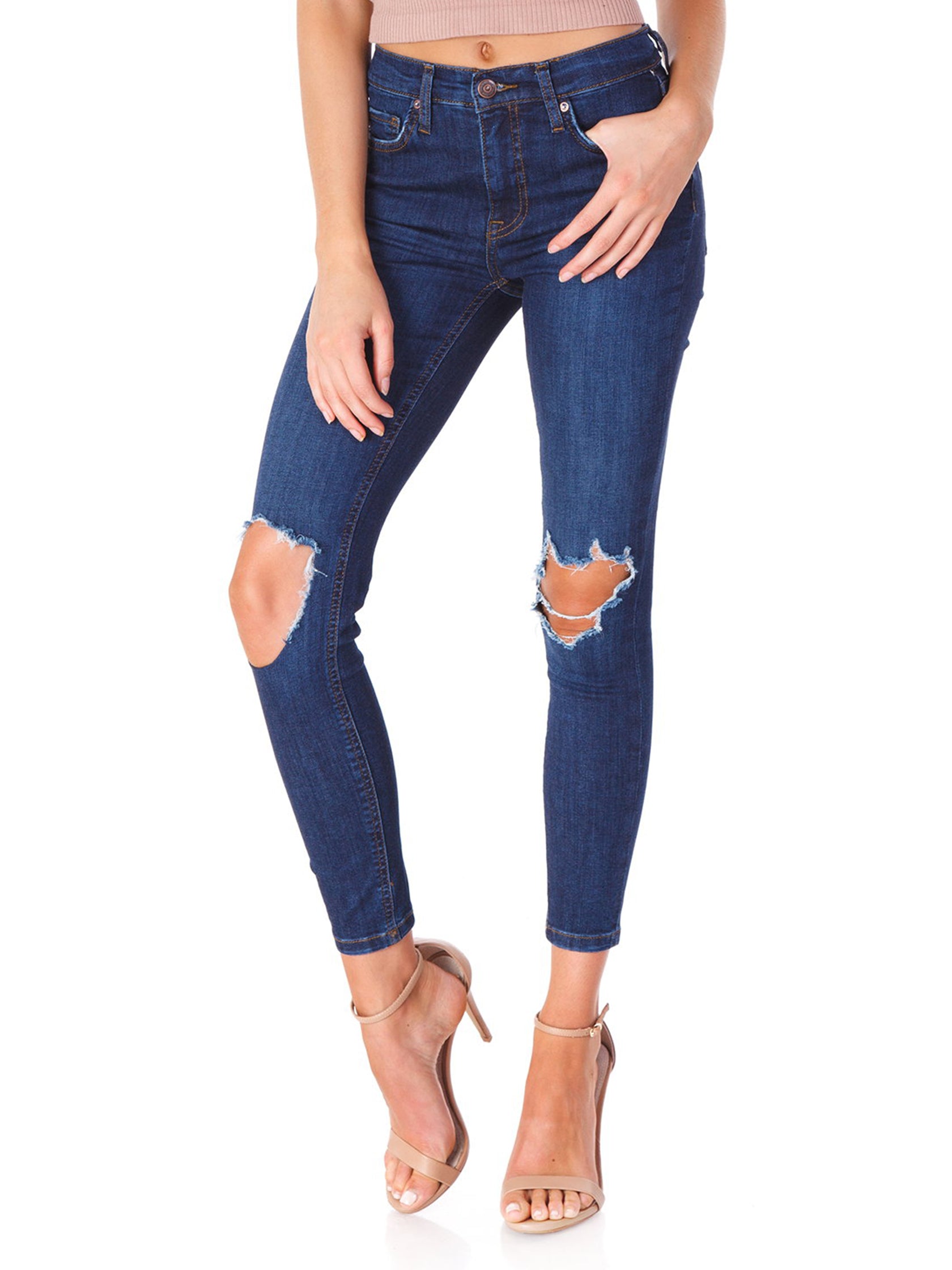 high rise busted knee skinny jeans