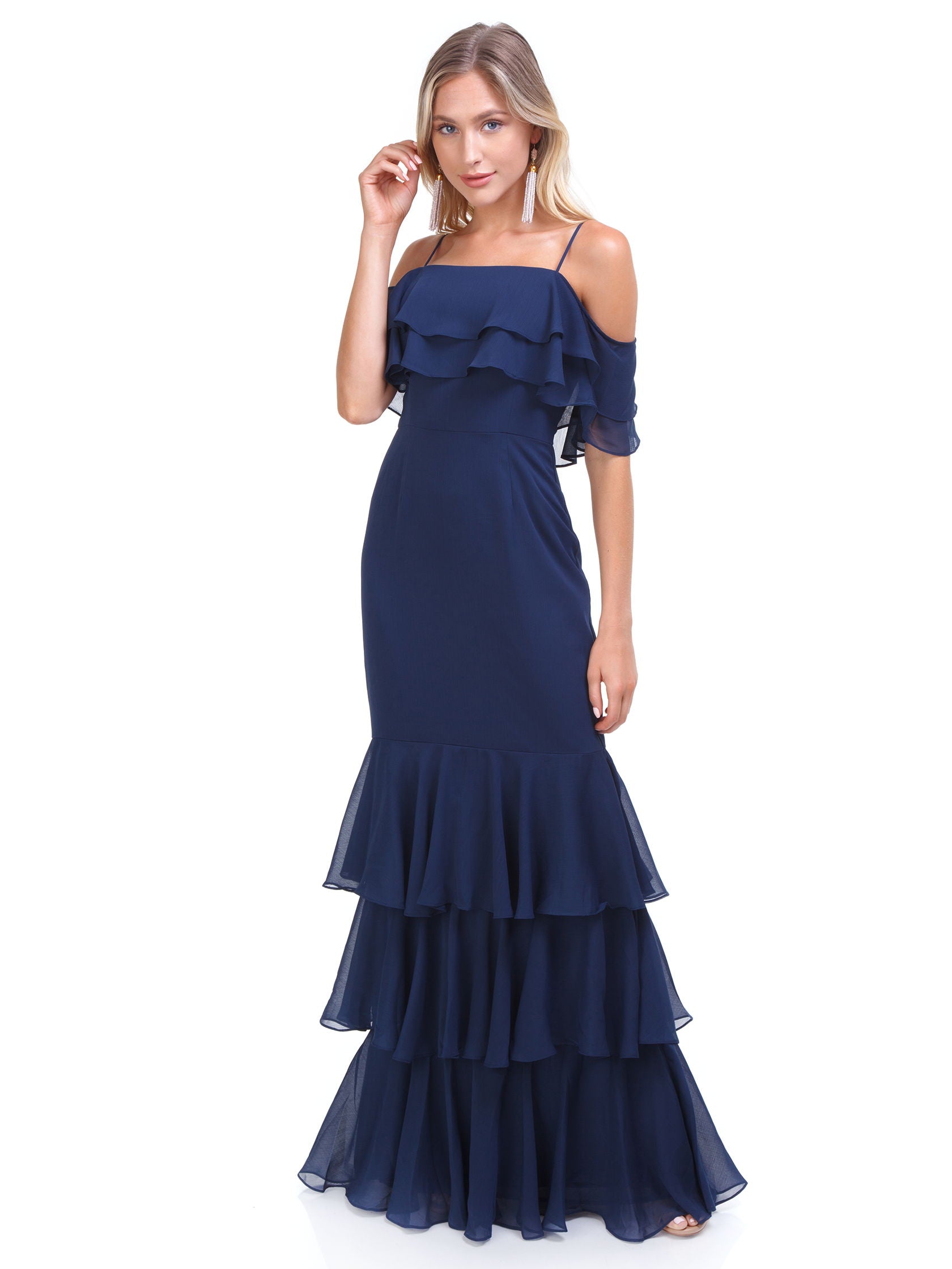 navy ruffle maxi dress