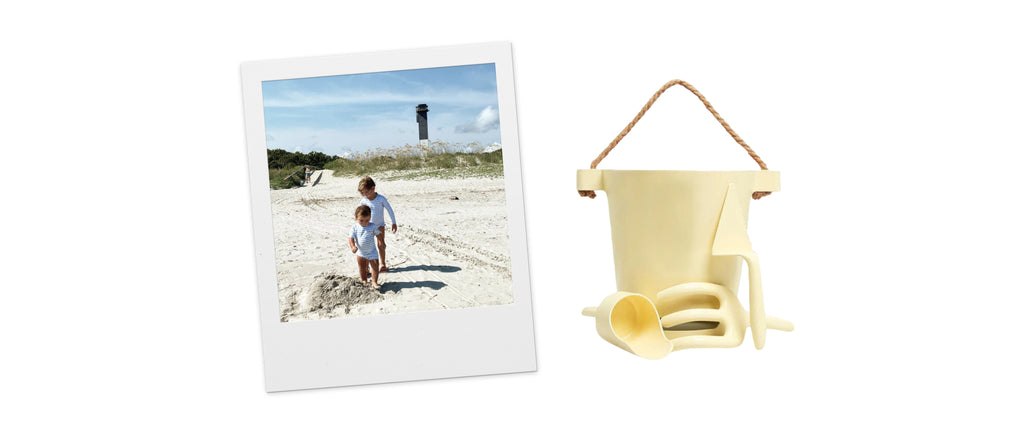 beach bucket, kids on beach