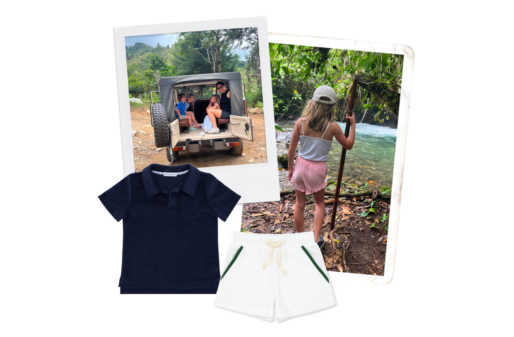 polaroid image of kids participating in hotel summer camp. product images minnow terry polo and terry shorts