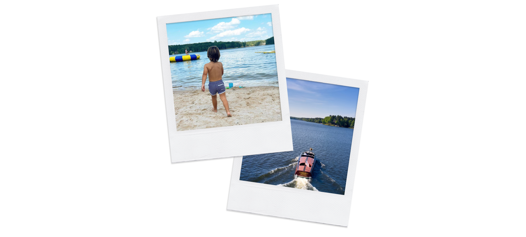 polaroid images of little boy on beach wearing minnow and boat in lake oconee