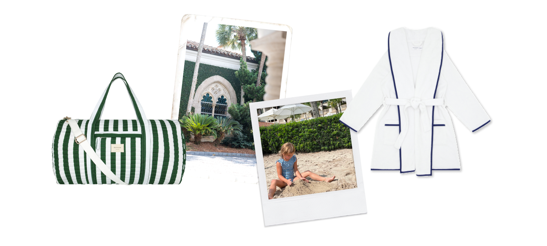 images of minnow product green cabana stripe duffle bag, polaroid images of sea island resort, and robe