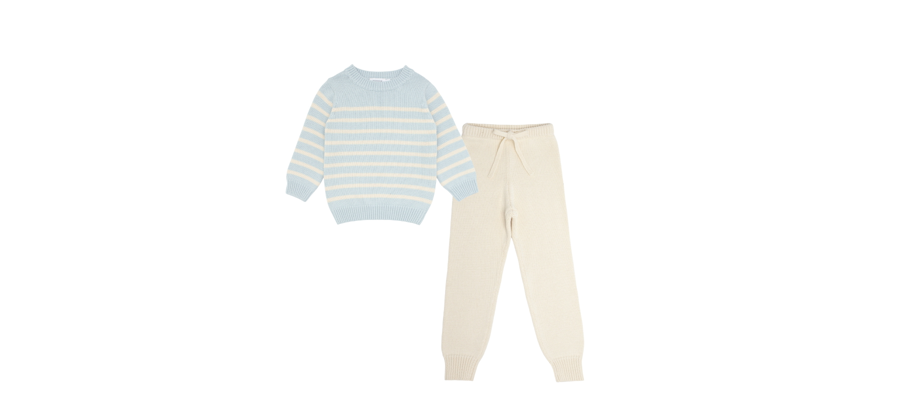 minnow product images of the blue and cream sweater and cream knit pants