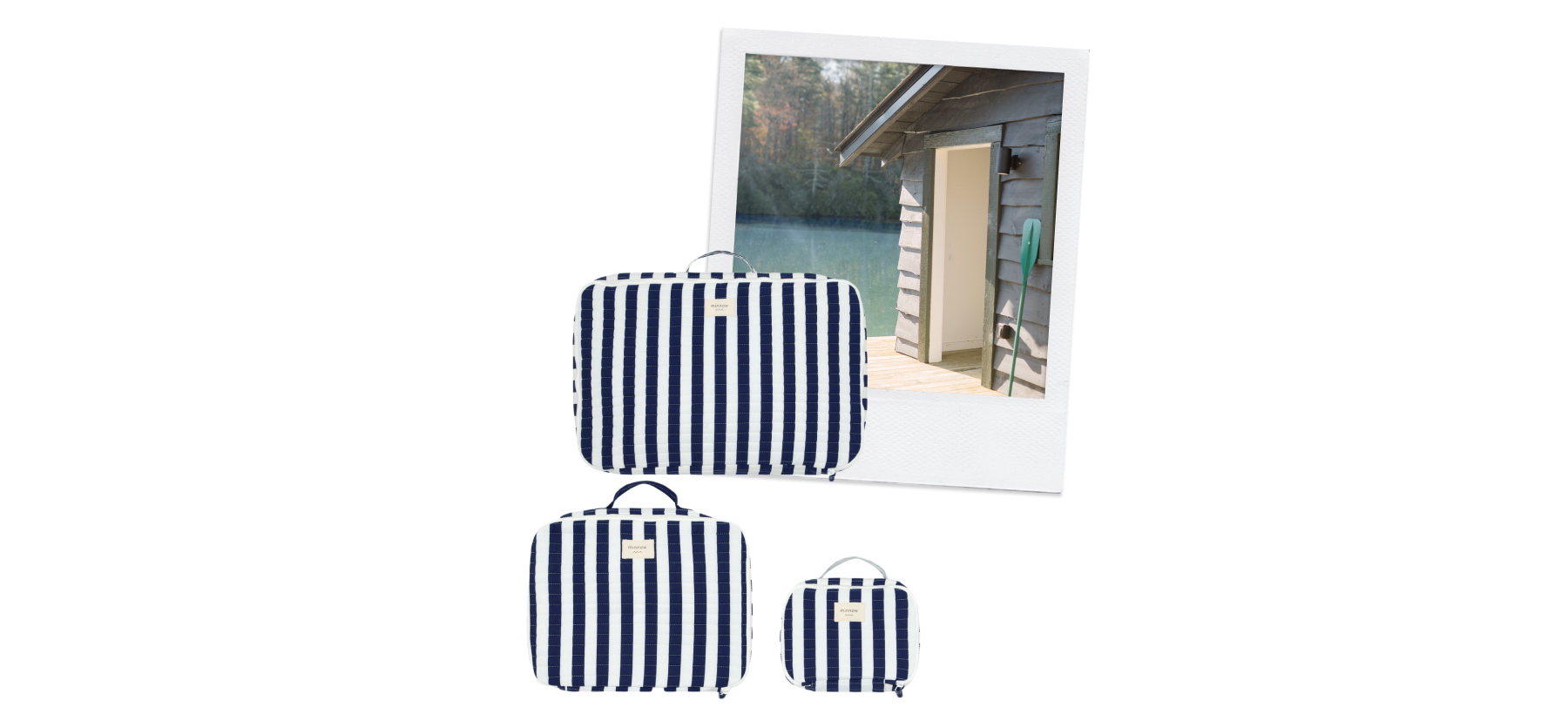 polaroid image of high hampton resort and product image of minnow navy stripe packing cubes