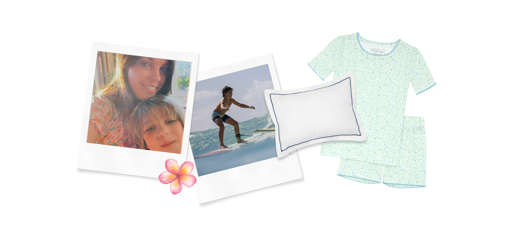 polaroid of family and surfer boy in hawaii. and images of minnow pillow and pajamas