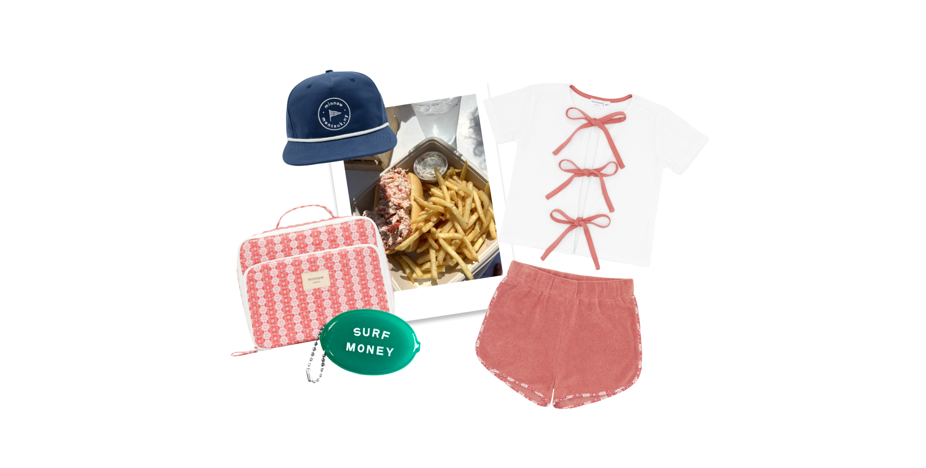 collage of minnow surf camp hat, lobster roll and fries, minnow lunchbox, coin pouch, and girls french terry set