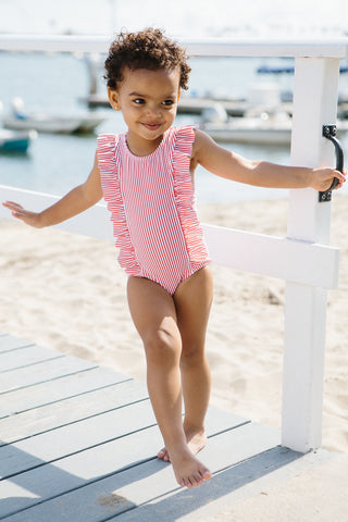 Girl's Stripe Ruffle One Piece - minnow