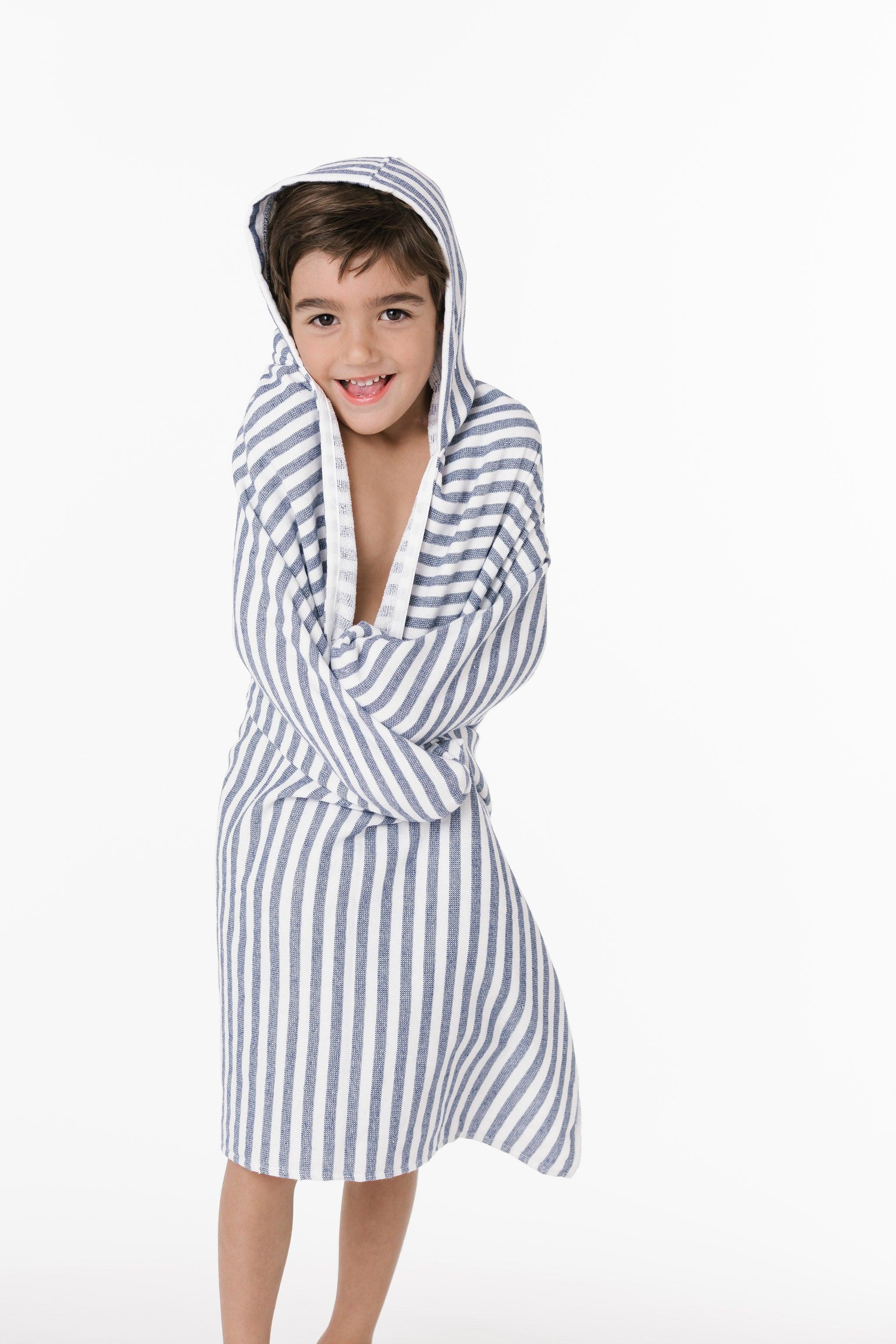 hooded towel, grey/blue stripe