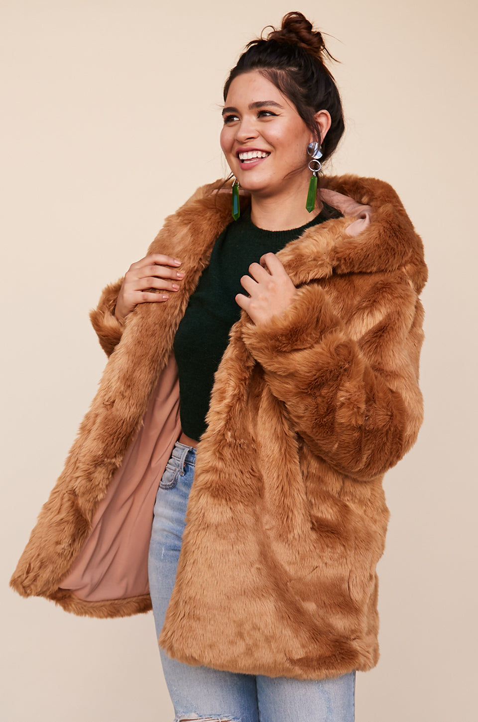 brown fur coat with hood