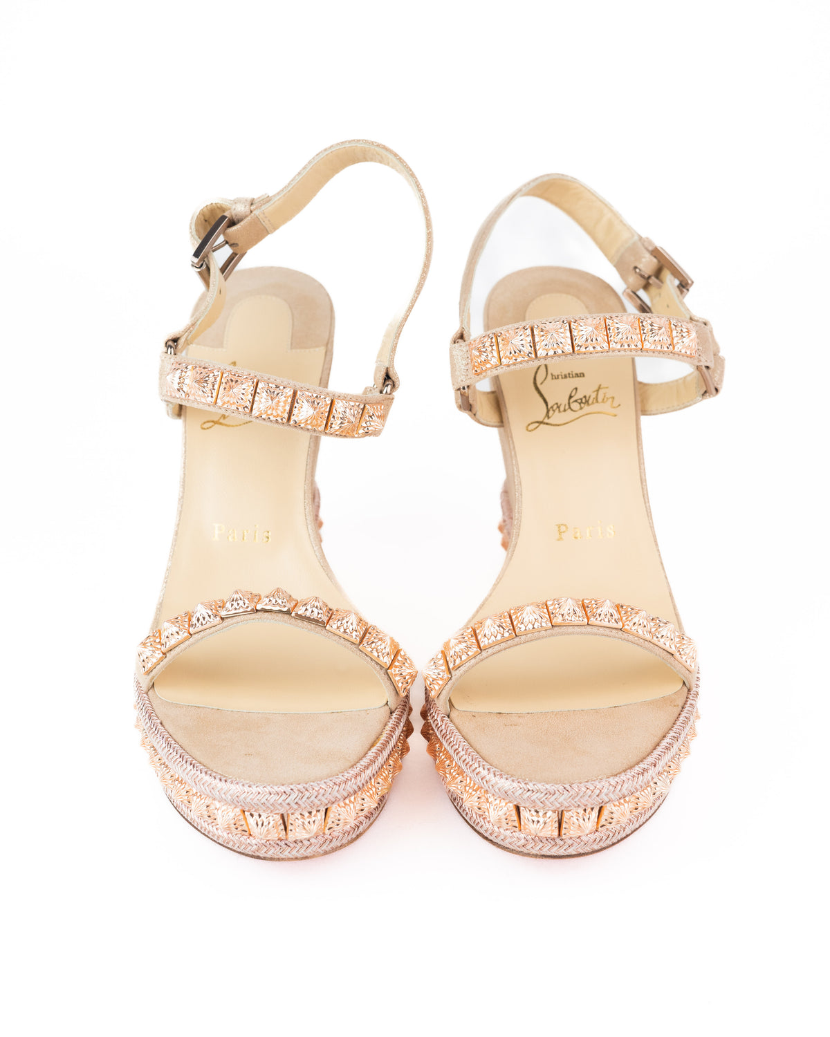 Christian Louboutin Pyraclou Suede Lame Sandals in Nude — Luxurysnob