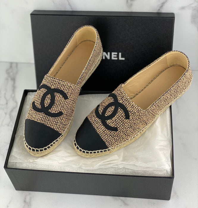 Necklet Omzet Monarchie Chanel Espadrille Tweed Gold Beige & Black — Luxurysnob