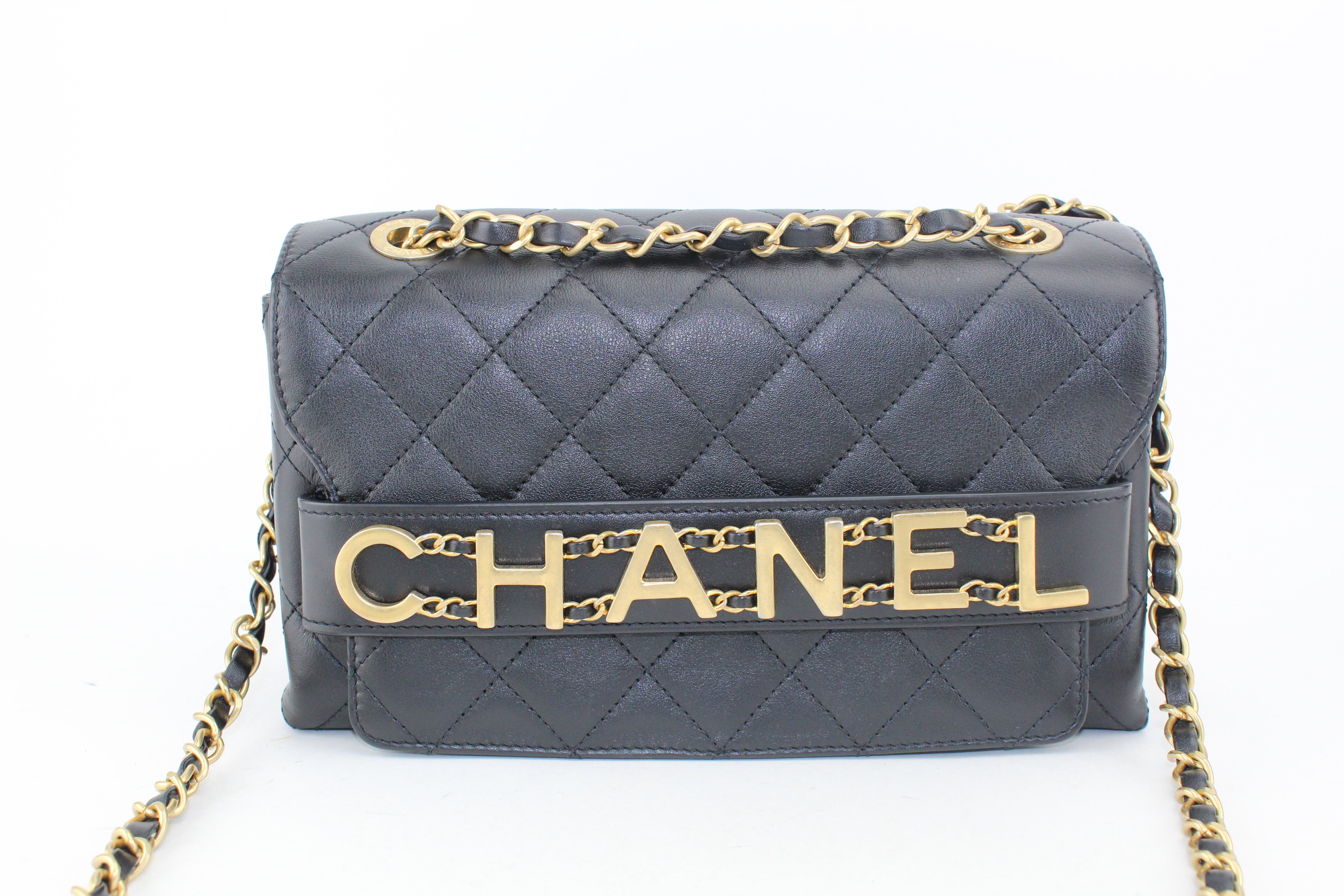 chanel calfskin quilted logo flap black