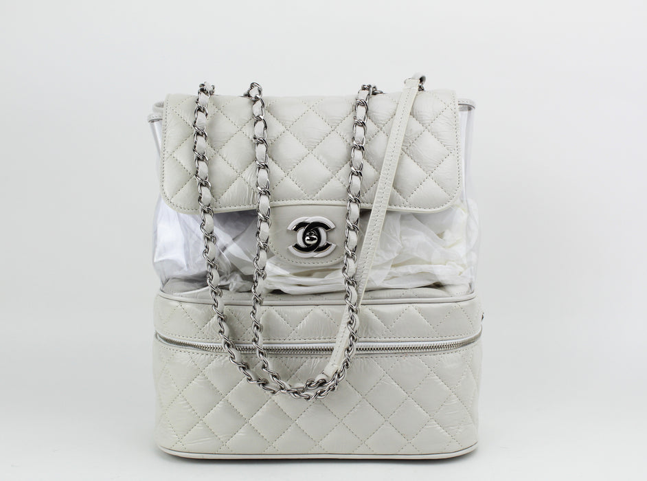 Chanel White Crumpled Leather & Transparent PVC Vanity Flap Backpack B —  Luxurysnob