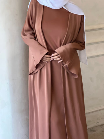 satin abaya, kimono sleeve abaya, copper abaya, pecan abaya, veiled collection, veiled abaya, hijabi fashion