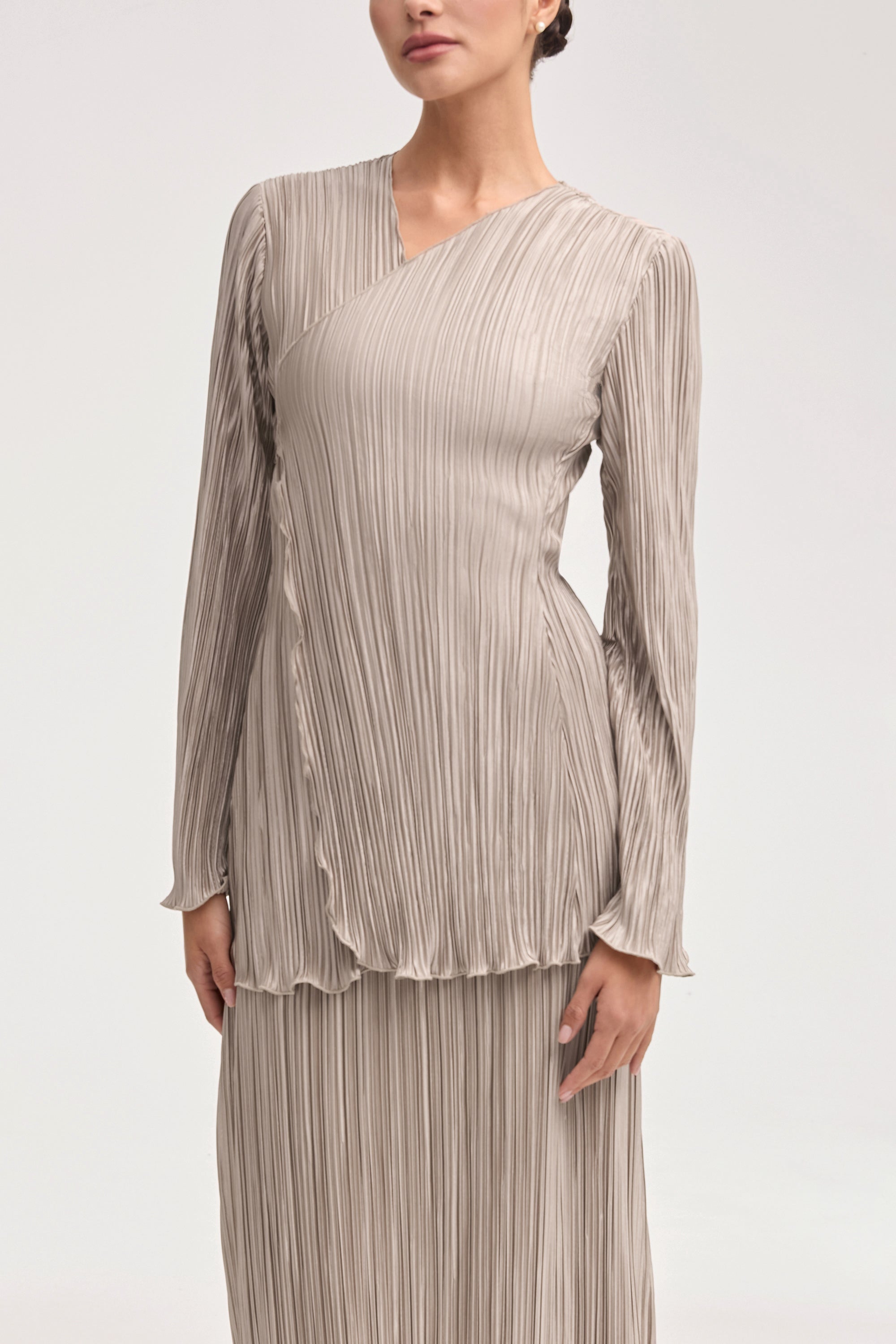 Image of Satin Plisse Tie Front Top - Taupe