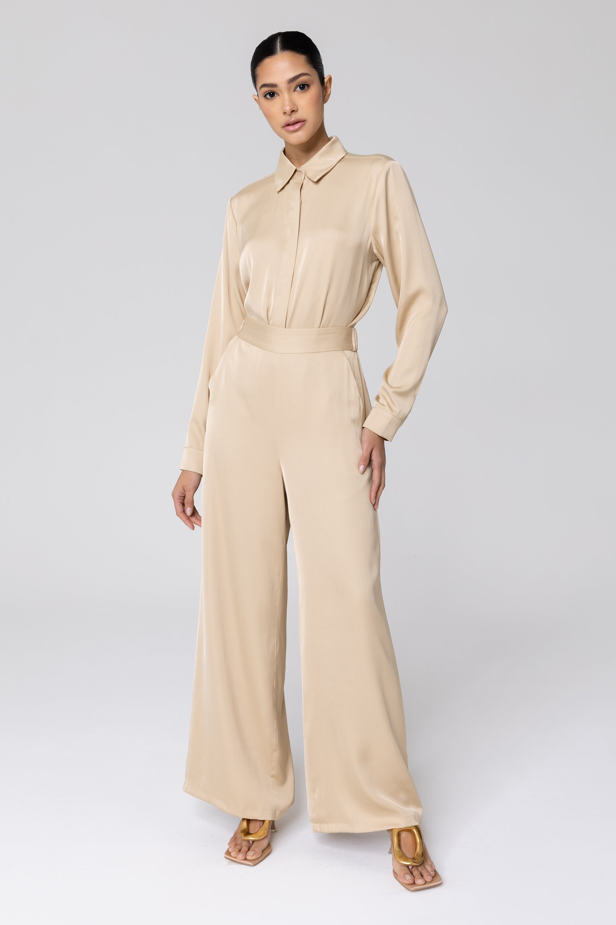 Image of Alana Satin Wide Leg Pants - Caffe