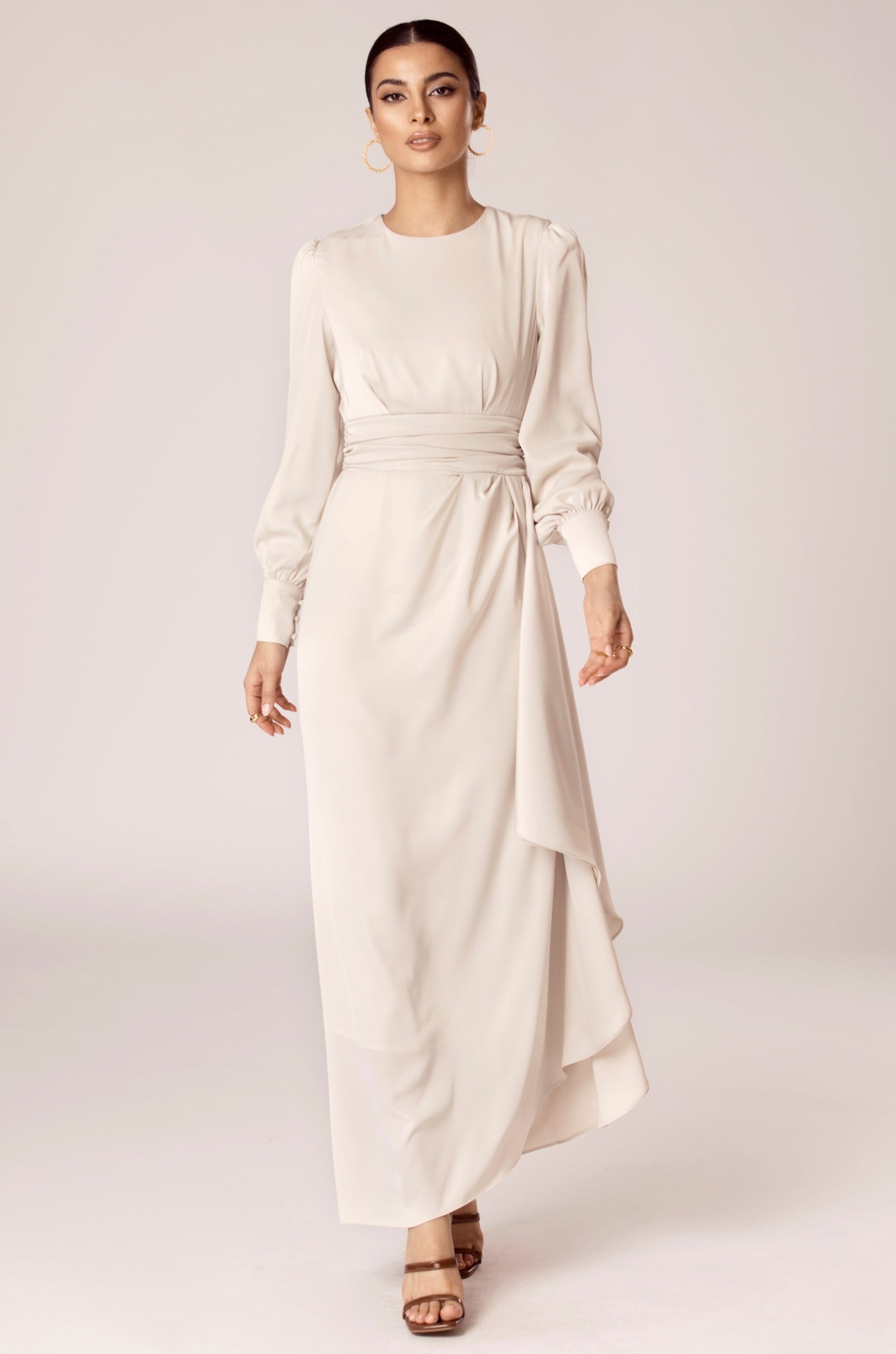 Image of Anabelle Pleated Waist Ruffle Maxi Dress - Sand Dollar