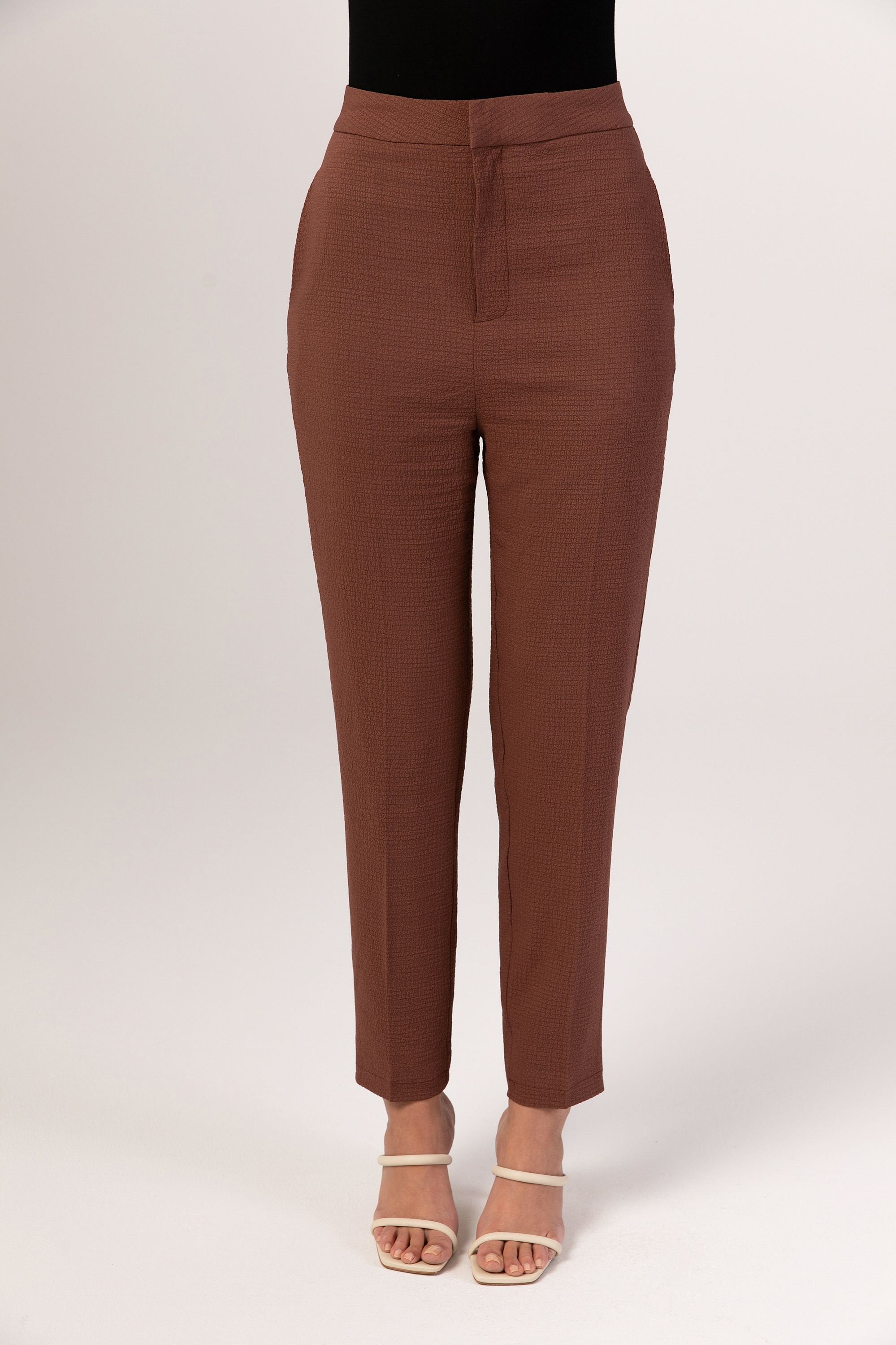 Image of Brown Textured Straight Leg Trousers