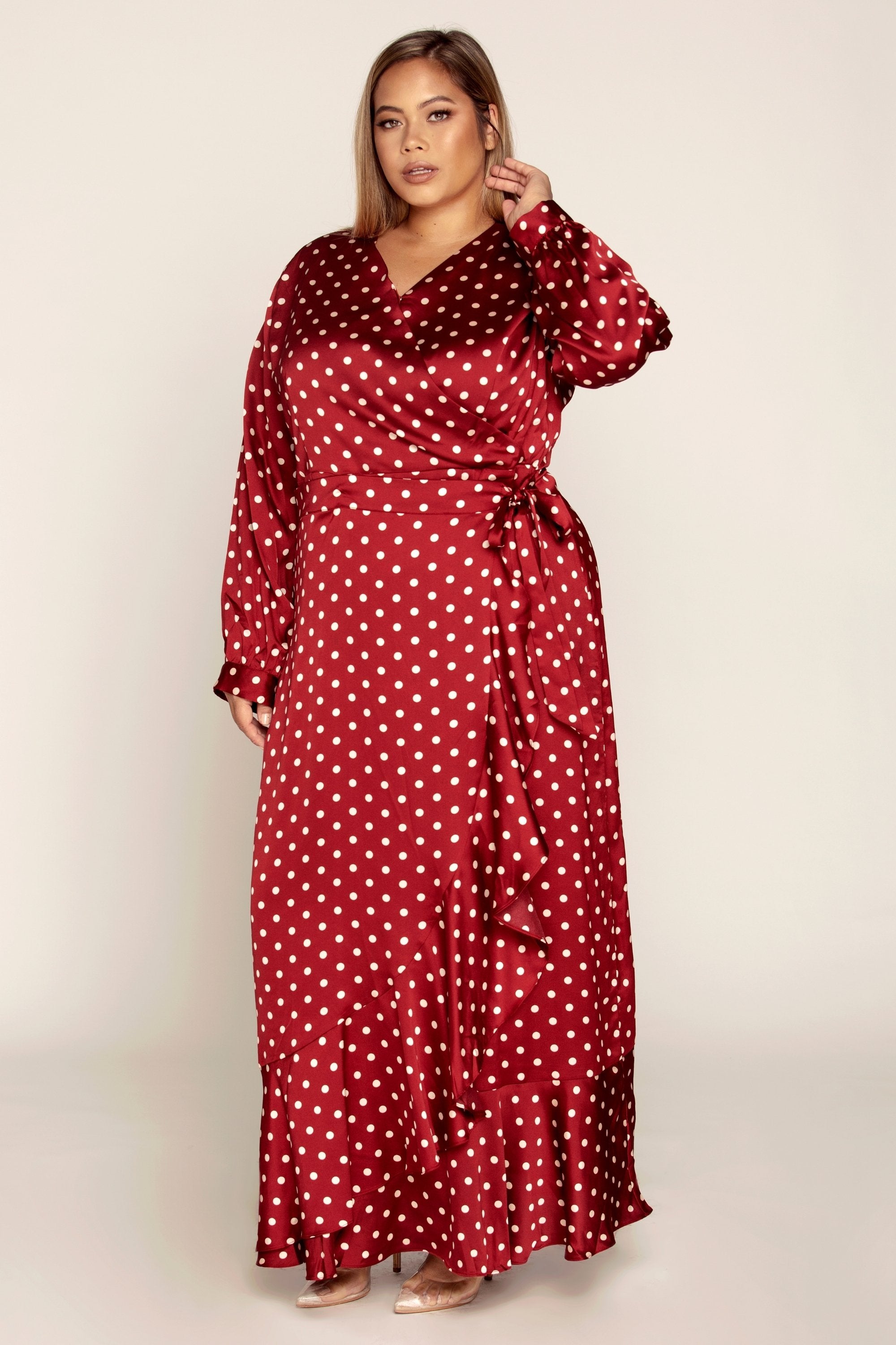 satin polka dot wrap dress