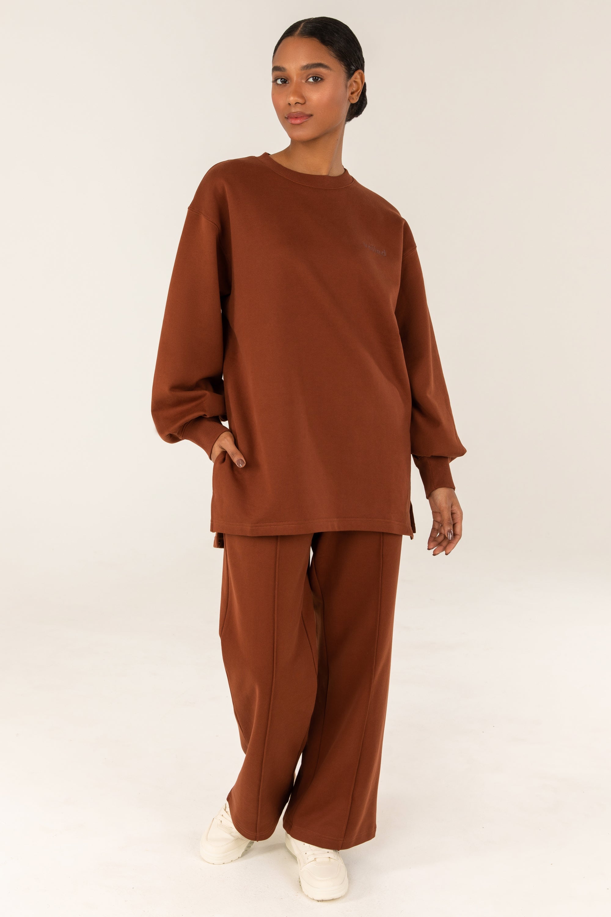 Image of Crew Neck Cotton Longline Sweatshirt - Brown