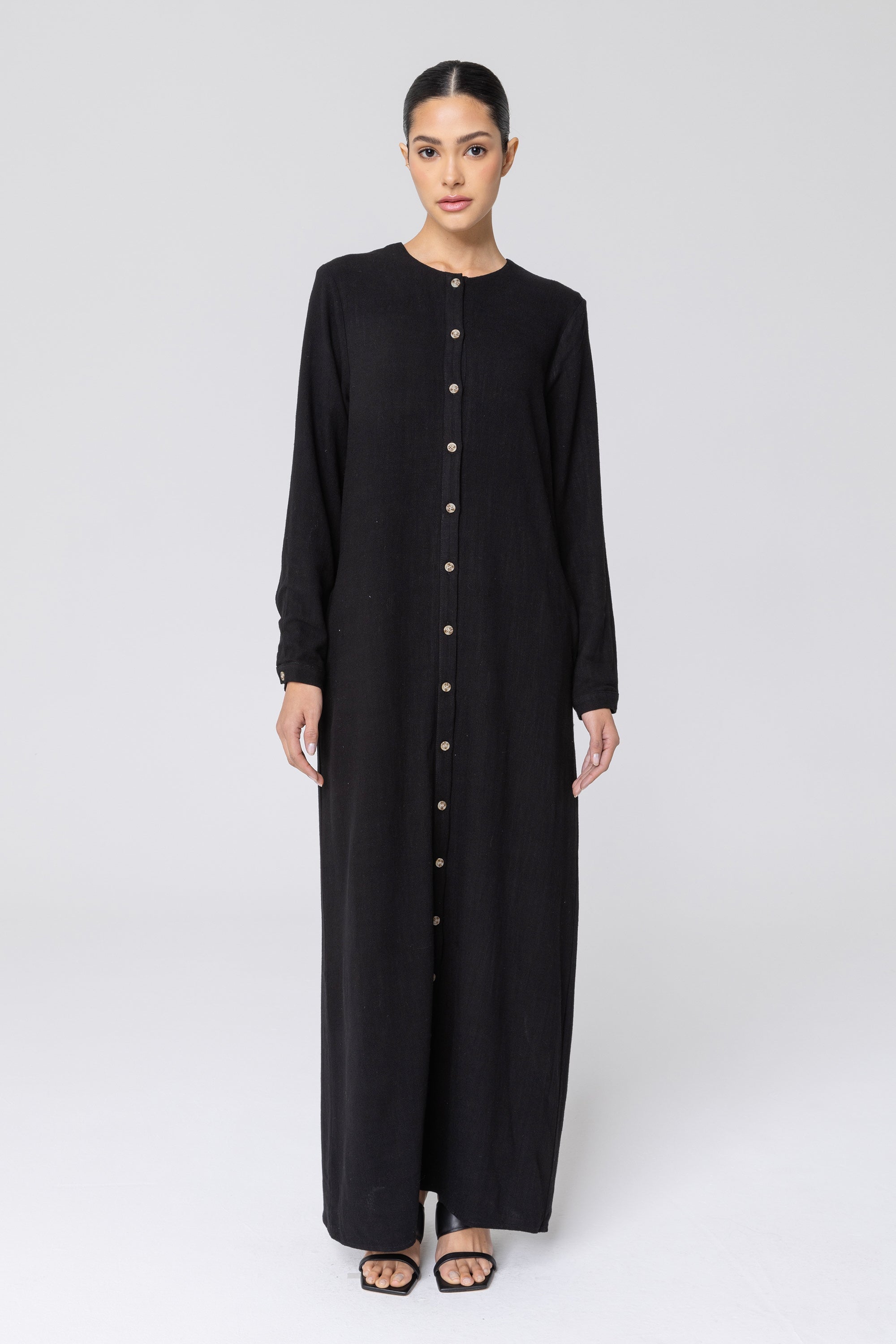 Image of Elham Cotton Linen Maxi Shirt Dress - Black