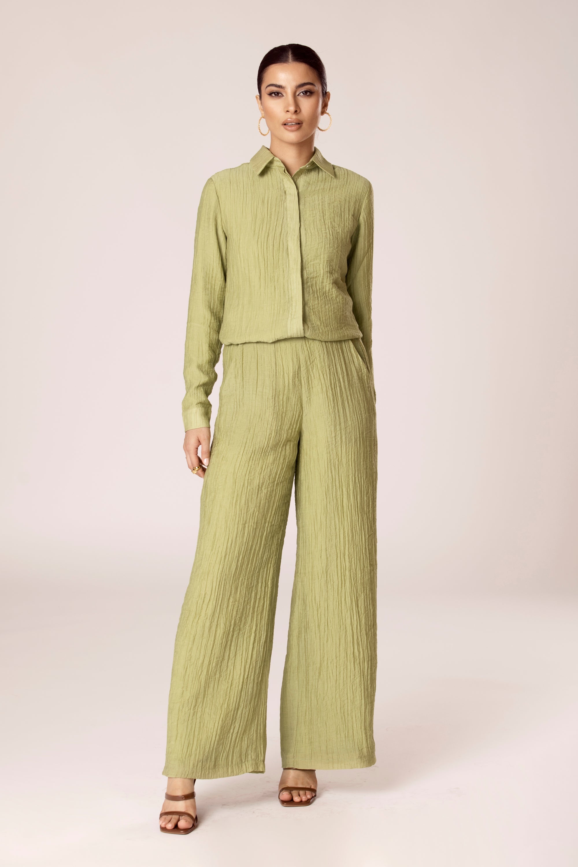 Image of Hanan Textured Wide Leg Pants - Cypress Green