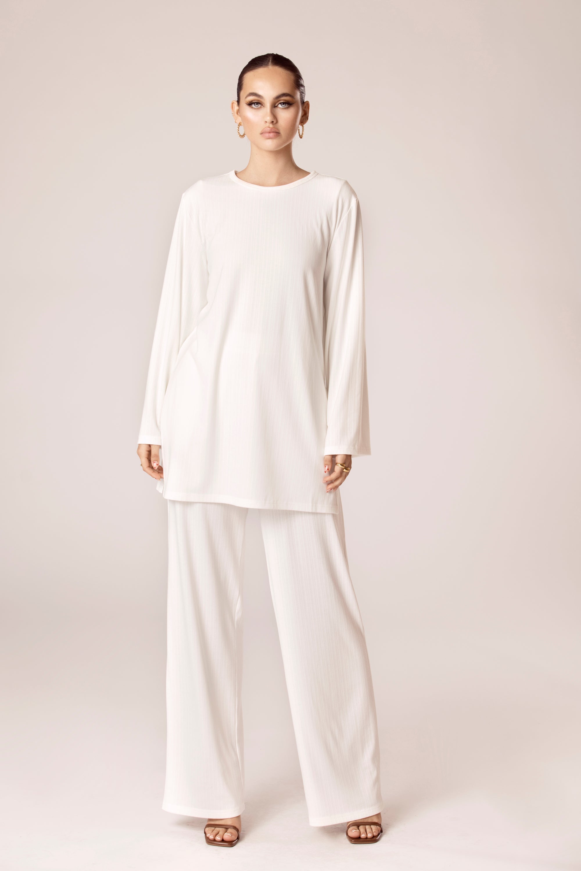 Image of Hannah Ribbed Tunic & Pants Matching Set - White