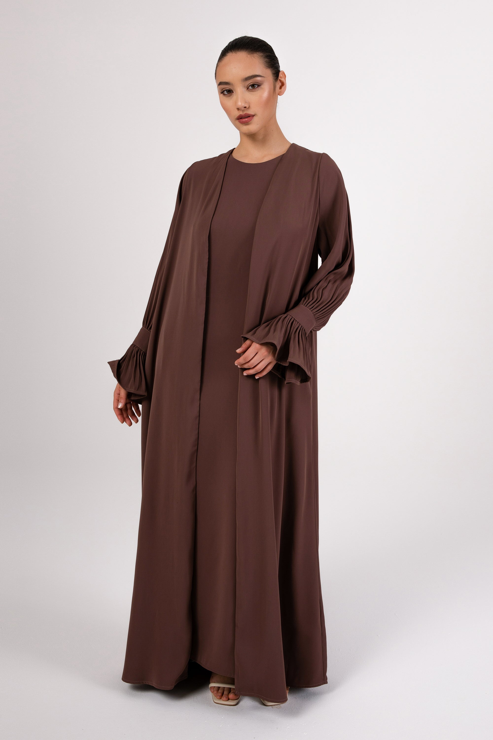 Image of Jamila Cinched Sleeve Open Abaya - Cocoa Brown