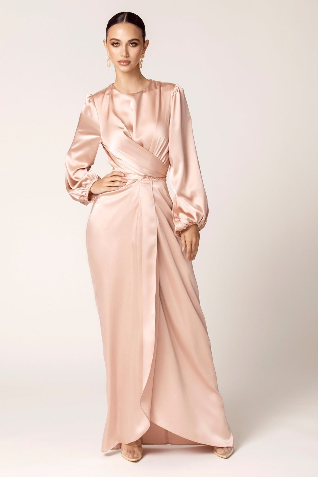 Julianna Satin Wrap Waist Maxi Dress Dusty Pink 1635