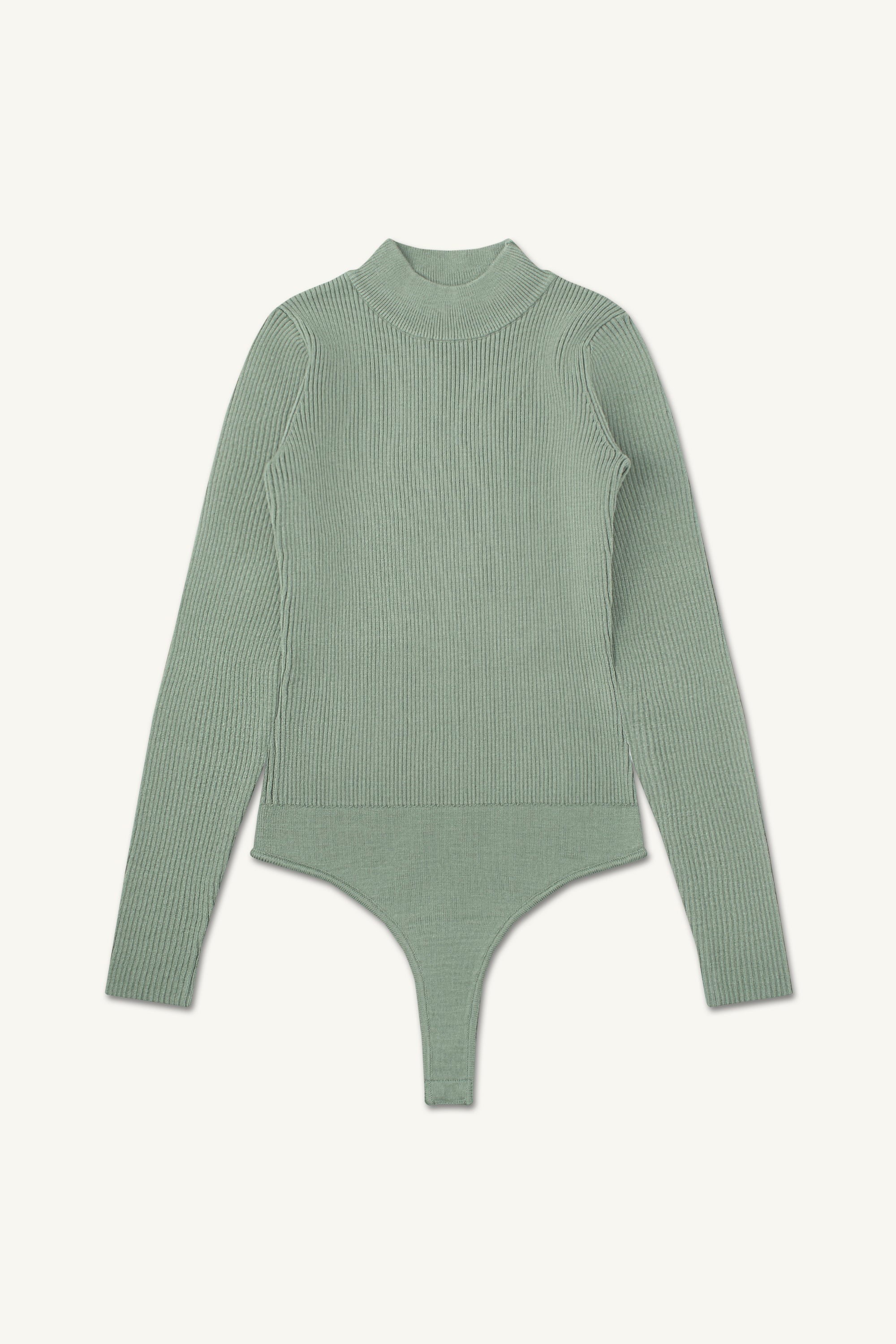 Image of Massa Ribbed Knit Thong Bodysuit - Desert Sage