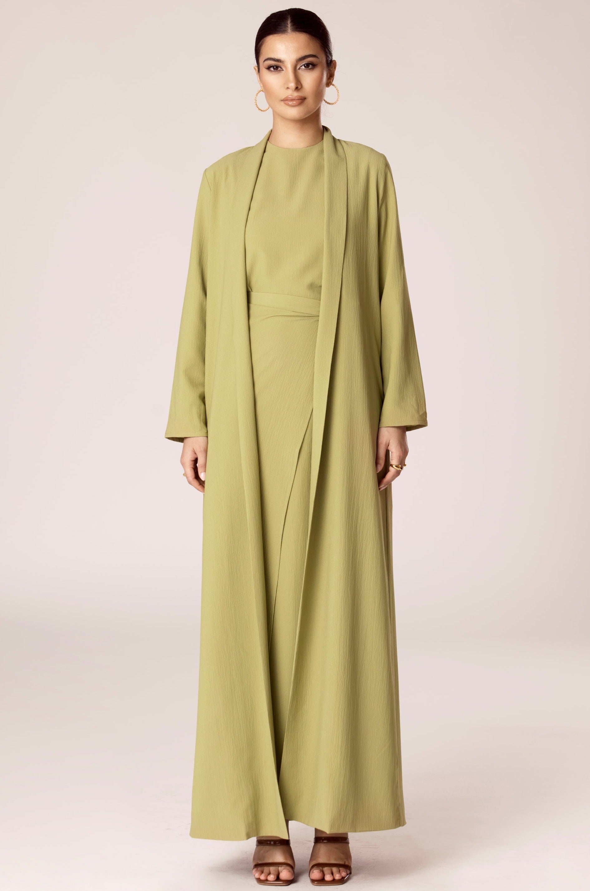 Image of Noora Textured Three Piece Abaya Set - Cypress Green