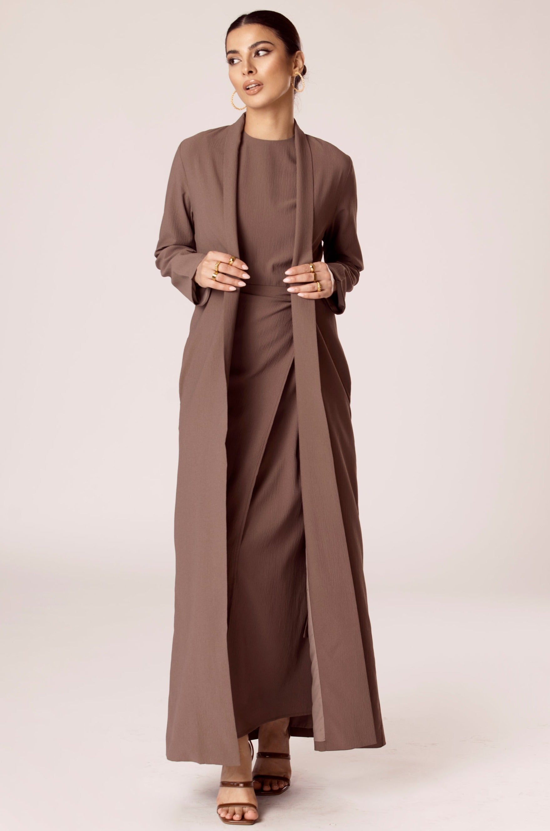 Image of Noora Textured Three Piece Abaya Set - Wild Mushroom