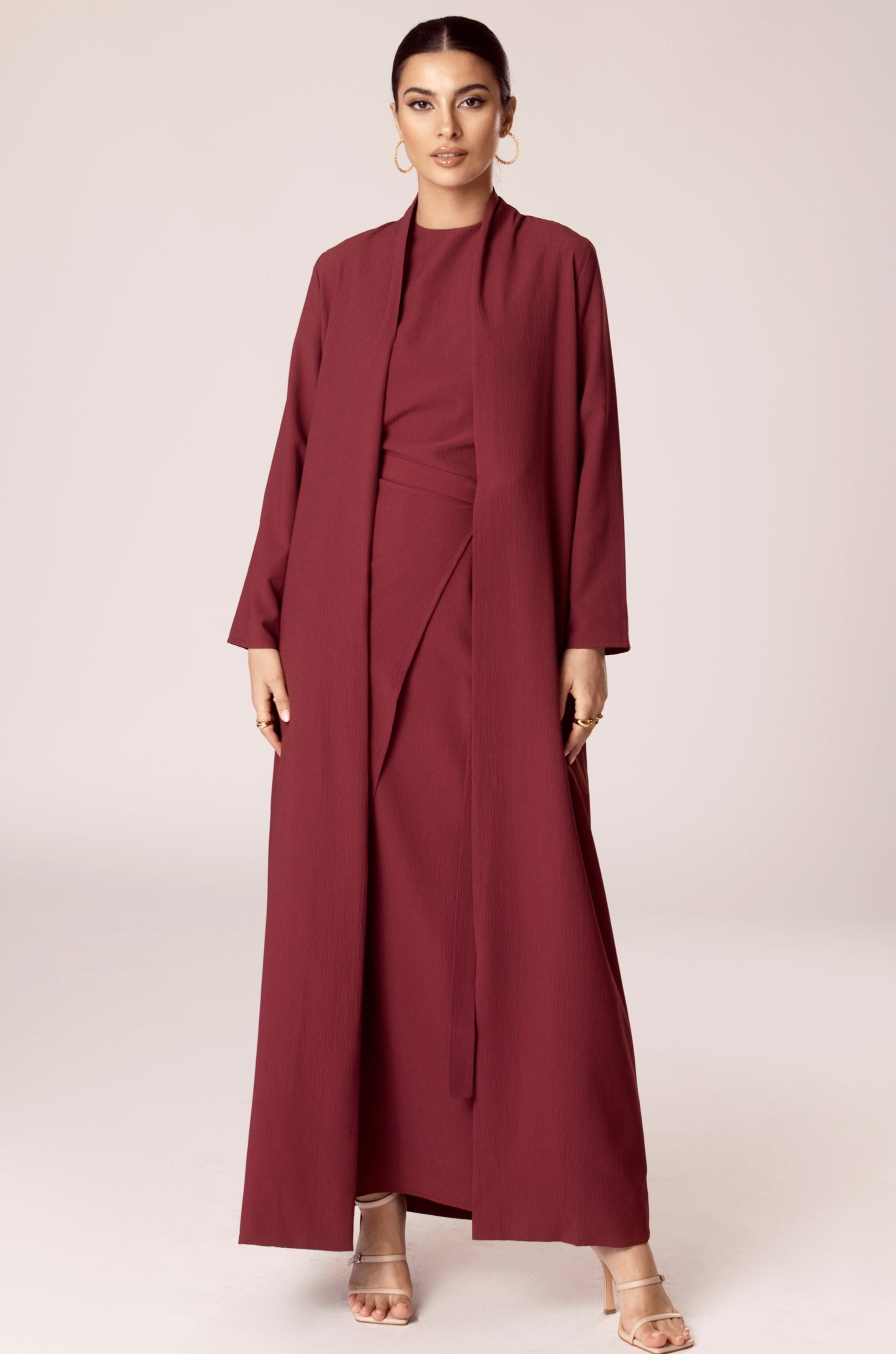 Image of Noora Textured Three Piece Abaya Set - Ruby Red