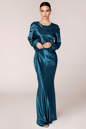 Rahma Rouched Sleeve Satin Maxi Dress
