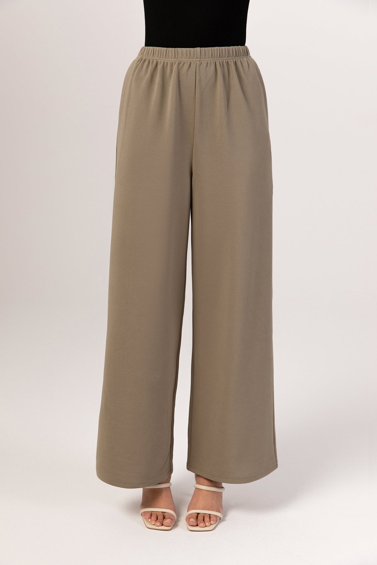 Split Hem Knit Ribbed Wide Leg Pants - Nude