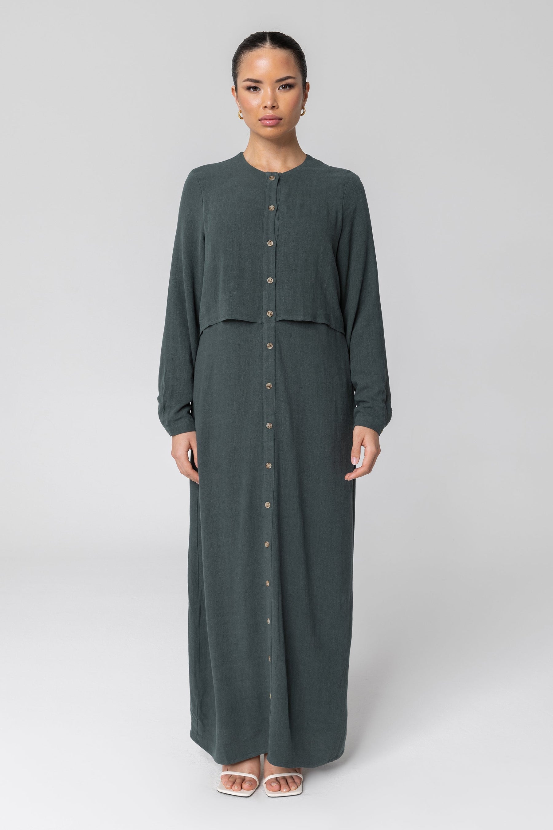 Sabah Cotton Linen Overlay Maxi Shirt Dress - Teal Veiled 
