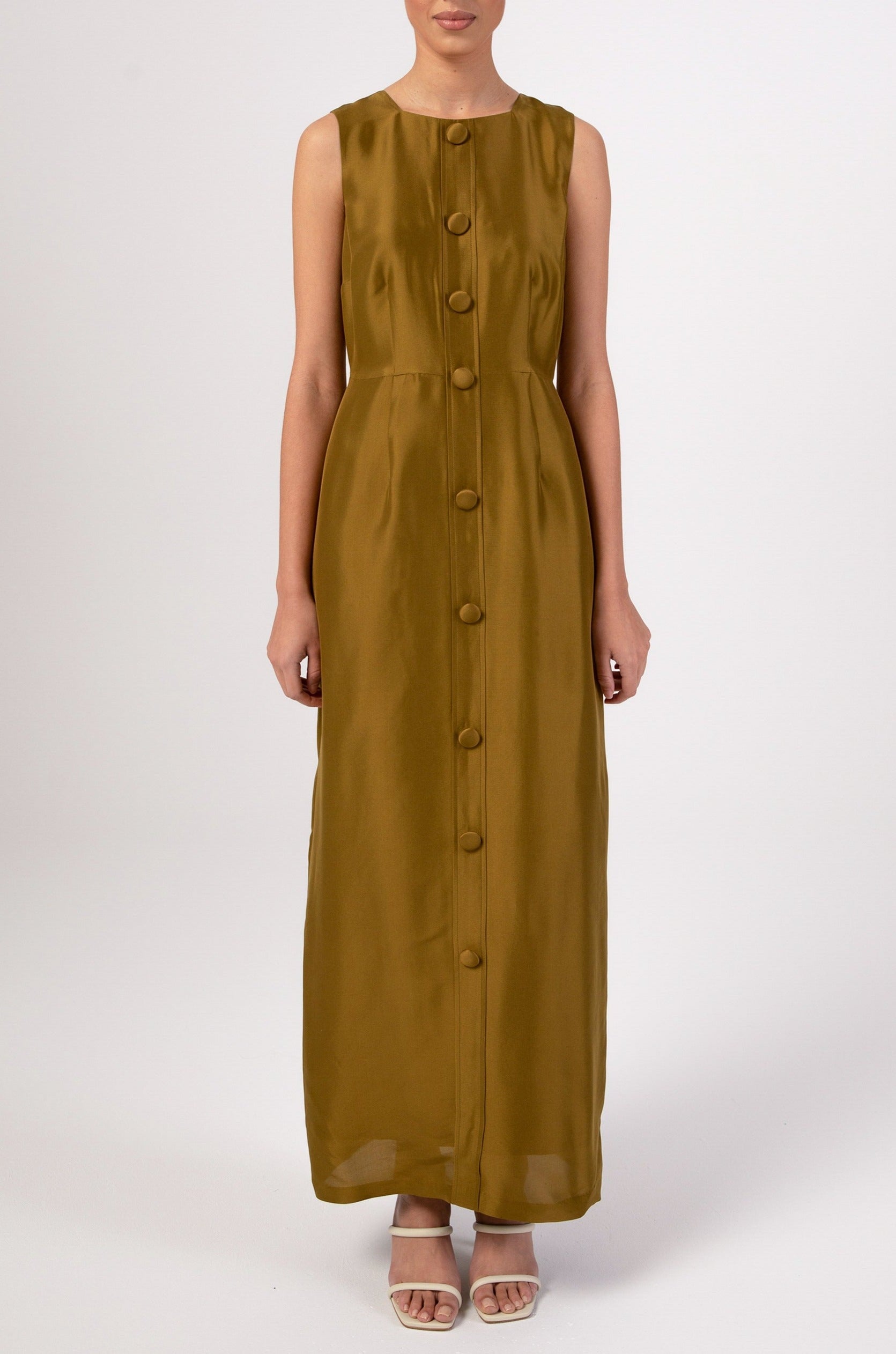 Image of Silk Duppioni Button Front Sleeveless Maxi Dress - Avocado